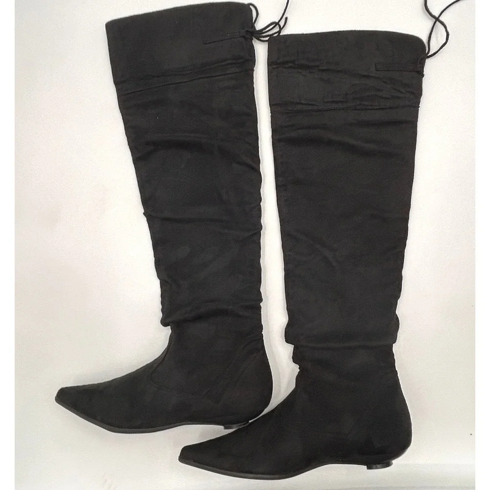 Fioni Black Faux Suede Over The Knee Slouchy Pointed Toe Flat Boots Size 10